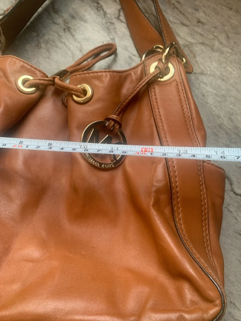 Michael Kors Ludlow Cognac Leather Drawstring Shoulder Bag with Gold Accents - Picture 13 of 16